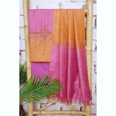 Pink Hand Embroidered Bhagalpuri Silk Cotton Suit
