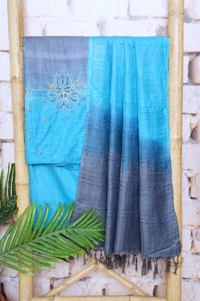 Blue Hand Embroidered Bhagalpuri Silk Cotton Suit