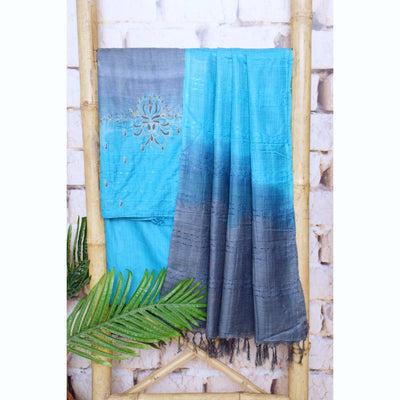 Blue Hand Embroidered Bhagalpuri Silk Cotton Suit
