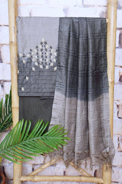 Grey Hand Embroidered Bhagalpuri Silk Cotton Suit
