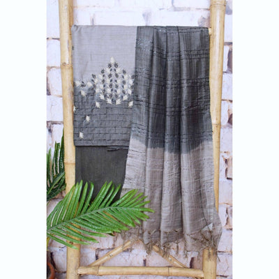 Grey Hand Embroidered Bhagalpuri Silk Cotton Suit