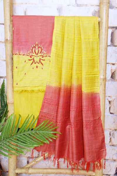 Peach Hand Embroidered Bhagalpuri Silk Cotton Suit