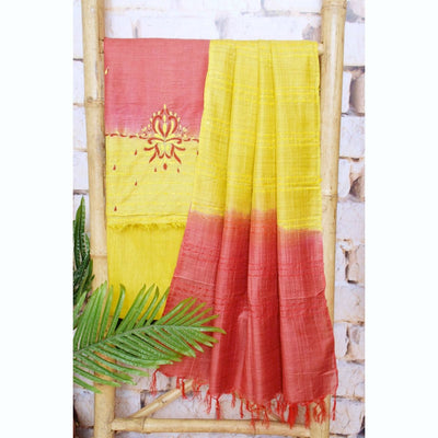 Peach Hand Embroidered Bhagalpuri Silk Cotton Suit