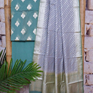 Sea Green Banarasi Cotton Silk Suit - SSEthnics