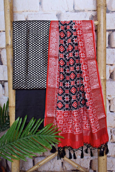 Black Banarasi Cotton Silk Suit - SSEthnics