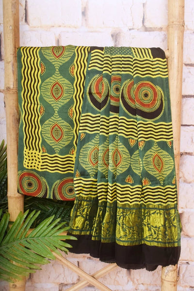 Green Special Ajrakh Modal Silk Two Piece Set with Nakshi Pallu Dupatta