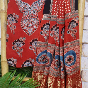 Madder Special Ajrakh Modal Silk Two Piece Set with Nakshi Pallu Dupatta