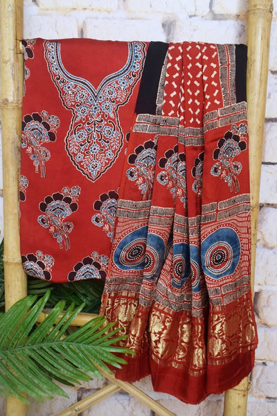 Madder Special Ajrakh Modal Silk Two Piece Set with Nakshi Pallu Dupatta