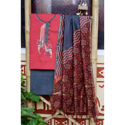 Pink Red Handloom Cotton Embroidered Set - SSEthnics