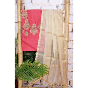 Pink Handloom Maheshwari Silk Suit with Hand Embroidery - SSEthnics