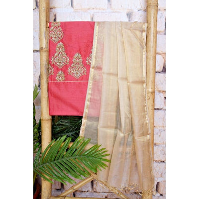 Pink Handloom Maheshwari Silk Suit with Hand Embroidery - SSEthnics