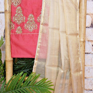 Pink Handloom Maheshwari Silk Suit with Hand Embroidery - SSEthnics