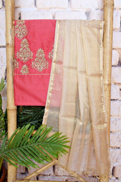 Pink Handloom Maheshwari Silk Suit with Hand Embroidery - SSEthnics