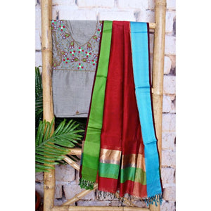 Grey Handloom Maheshwari Silk Suit with Hand Embroidery - SSEthnics