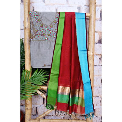 Grey Handloom Maheshwari Silk Suit with Hand Embroidery - SSEthnics