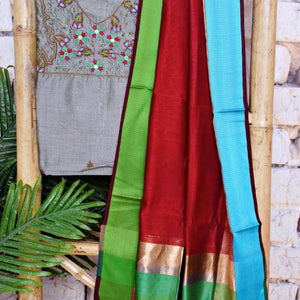 Grey Handloom Maheshwari Silk Suit with Hand Embroidery - SSEthnics