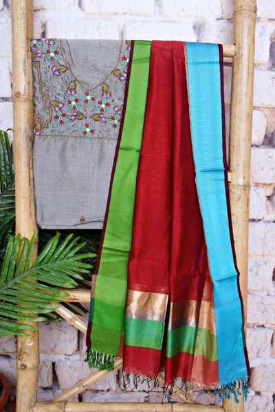 Grey Handloom Maheshwari Silk Suit with Hand Embroidery - SSEthnics