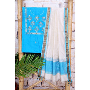 Blue Handloom Maheshwari Silk Suit with Hand Embroidery - SSEthnics