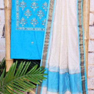 Blue Handloom Maheshwari Silk Suit with Hand Embroidery - SSEthnics
