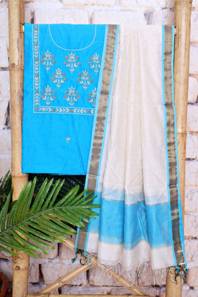 Blue Handloom Maheshwari Silk Suit with Hand Embroidery - SSEthnics