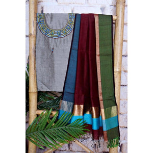 Grey Handloom Maheshwari Silk Suit with Hand Embroidery - SSEthnics