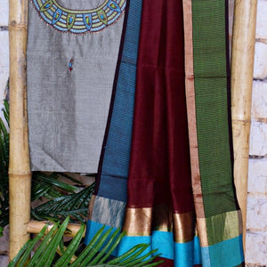 Grey Handloom Maheshwari Silk Suit with Hand Embroidery - SSEthnics
