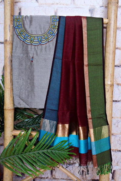 Grey Handloom Maheshwari Silk Suit with Hand Embroidery - SSEthnics