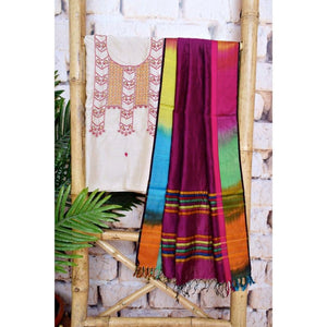 Beige Handloom Maheshwari Silk Suit with Hand Embroidery - SSEthnics