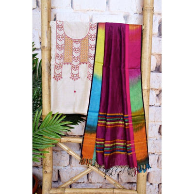Beige Handloom Maheshwari Silk Suit with Hand Embroidery - SSEthnics