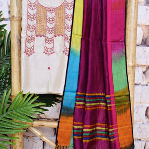 Beige Handloom Maheshwari Silk Suit with Hand Embroidery - SSEthnics