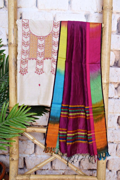 Beige Handloom Maheshwari Silk Suit with Hand Embroidery - SSEthnics