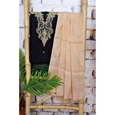 Black Handloom Maheshwari Silk Suit with Hand Embroidery - SSEthnics