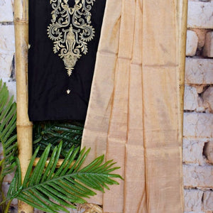 Black Handloom Maheshwari Silk Suit with Hand Embroidery - SSEthnics