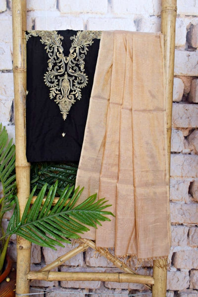 Black Handloom Maheshwari Silk Suit with Hand Embroidery - SSEthnics