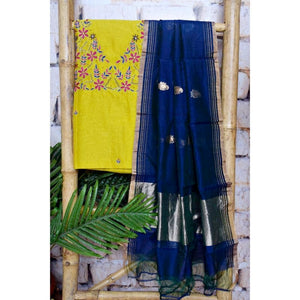 Lime Handloom Maheshwari Silk Suit with Hand Embroidery - SSEthnics