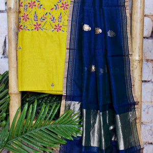 Lime Handloom Maheshwari Silk Suit with Hand Embroidery - SSEthnics
