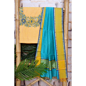 Yellow Handloom Maheshwari Silk Suit with Hand Embroidery - SSEthnics