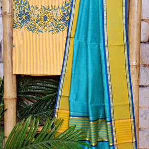 Yellow Handloom Maheshwari Silk Suit with Hand Embroidery - SSEthnics