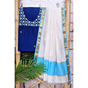 Blue Handloom Maheshwari Silk Suit with Hand Embroidery - SSEthnics