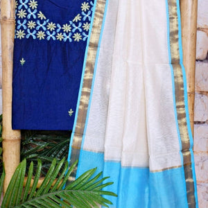 Blue Handloom Maheshwari Silk Suit with Hand Embroidery - SSEthnics