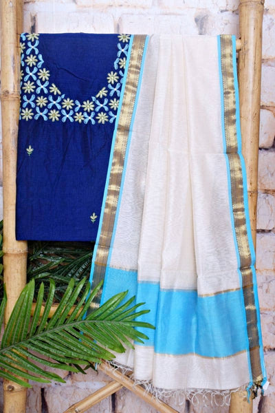 Blue Handloom Maheshwari Silk Suit with Hand Embroidery - SSEthnics