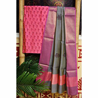 Pink Block Printed Maheshwari Silk Two Piece Set - SSEthnics