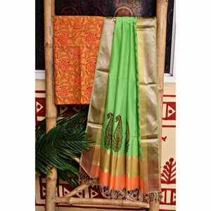 Orange Block Printed Maheshwari Silk Two Piece Set - SSEthnics
