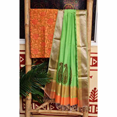 Orange Block Printed Maheshwari Silk Two Piece Set - SSEthnics