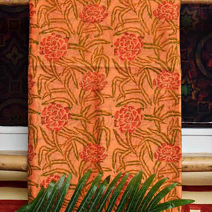 Orange Block Printed Maheshwari Silk Two Piece Set - SSEthnics
