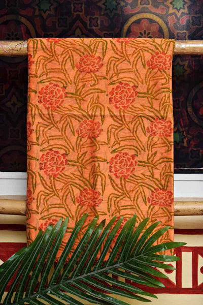 Orange Block Printed Maheshwari Silk Two Piece Set - SSEthnics