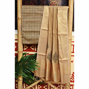 Beige Block Printed Maheshwari Silk Two Piece Set - SSEthnics