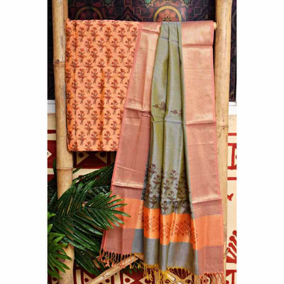 Peach Block Printed Maheshwari Silk Two Piece Set - SSEthnics