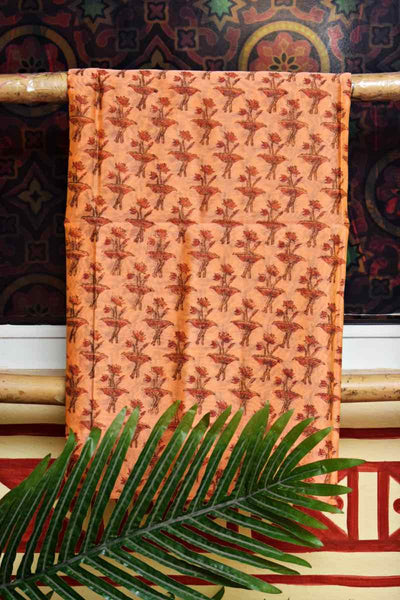 Peach Block Printed Maheshwari Silk Two Piece Set - SSEthnics