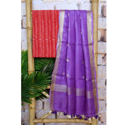 Ikat Two Piece Set with Linen Zari Booti Dupatta - SSEthnics